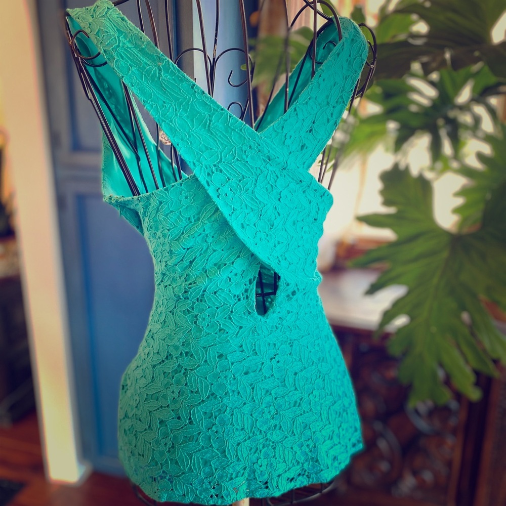 🦚 Nicole Miller Teal Lace Peplum V Neck Blouse S - Picture 3 of 7
